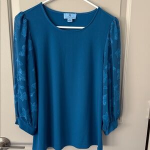 CeCe Teal Blouse with Sheer Floral Sleeves